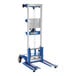 A blue and white Vestil hand winch forklift cart with a blue handle.