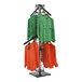 A Grid & Go Tower Display with 4 Waterfall Arms holding several shirts, including some green ones.