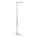 A chrome metal clothing rack with a straight arm on a long silver pole.