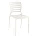 A white plastic chair with a slatted backrest.