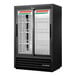 A black True refrigerated merchandiser with glass doors.