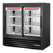 A True 48" black narrow refrigerated pass-through merchandiser with 2 glass doors.