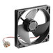 A black and gray fan with wires.