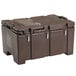 A brown plastic box with two doors and handles.