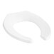 A white American Standard commercial toilet seat with stainless steel hinges.