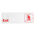 A white rectangular Lavex exit sign with red text reading "exit" and a person walking through a door.