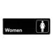 A black rectangular sign with white text that says "Women" and a white woman icon.