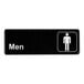 A black rectangular Lavex men's restroom sign with white text and a white person.