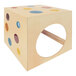 A Whitney Brothers wooden cube playhouse with circles on top and holes in the sides.