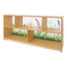 A Whitney Brothers wood cabinet shelf with grass and flowers on it.