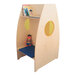 A Whitney Brothers wooden two-sided reading pod with books and a toy on the shelf.