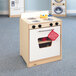 A Whitney Brothers white toy stove and oven with a red and white checkered pot holder.