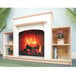 A white wood fireplace with shelves holding books and plants.