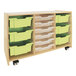 A Whitney Brothers mobile wood storage cabinet with green bins on shelves.