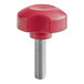 A red plastic cap with a metal nut on top.