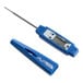 A blue digital pocket probe thermometer with a protective cover.