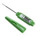 A green digital pocket probe thermometer with a protective cover.