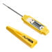 A yellow digital pocket probe thermometer with a protective cover.