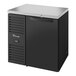 A black refrigerator with a stainless steel narrow solid door.