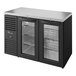 A black refrigerator with two glass doors.