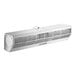 A white rectangular stainless steel air curtain with a wire.