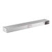 A long rectangular metal shelf with a red and black knob.
