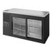 A True black back bar refrigerator with glass doors.