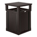 A Suncast Java outdoor waste container with a dome top lid on a table.