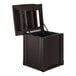 A black rectangular Suncast outdoor waste container with a dome top lid and open sign frames.