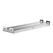 A metal rectangular shelf with two metal brackets holding two metal rectangular strip warmers.