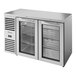 A stainless steel True back bar refrigerator with two glass doors.