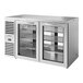 A True stainless steel back bar refrigerator with two glass doors.