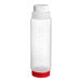 A Vollrath Traex clear plastic squeeze bottle with a red base cap and white Flowcut cap.