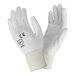 A close-up of a pair of small white Cordova gloves with white polyurethane coating.