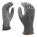 A close-up of a pair of Cordova gray nylon gloves with gray polyurethane palm coating.