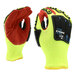 A pair of yellow work gloves with red and black accents.