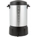 A stainless steel Proctor Silex coffee urn with a black lid.