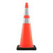 A tall orange traffic cone with a black base and two reflective white collars.