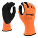 A close-up of a medium Cordova Conquest glove with black micro-foam nitrile and orange polyurethane coating.