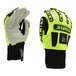 A pair of lime green Cordova heavy duty work gloves with black canvas palm coating and TPR reinforcements.