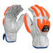 A close-up of an orange and white Cordova OGRE GT grain goatskin driver's glove with TPR reinforcements.