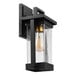 A Globe black outdoor wall sconce with brass accents and clear glass.