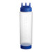 A clear plastic Vollrath Traex squeeze bottle with blue Tri Tip lid and base cap.