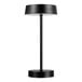 A Globe matte black table lamp with a circular shade on top and a black base.