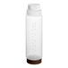 A plastic bottle with a white cap and brown base containing a clear liquid.