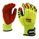 A close up of a pair of yellow and black Cordova Commander cut-resistant gloves with red accents.