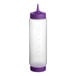 A clear plastic Vollrath Traex squeeze bottle with a purple plastic cap and base.