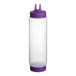 A clear plastic Vollrath Traex squeeze bottle with a purple Twin Tip cap and base.