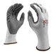 A pair of Cordova white nylon gloves with gray foam palm coating.