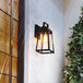 A Globe matte black outdoor wall sconce with a clear glass shade and cage frame on a wall.